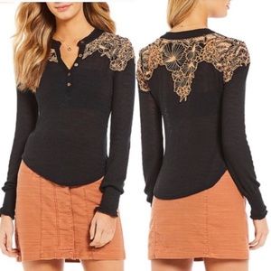 Free people black gauze thermal long sleeve top s